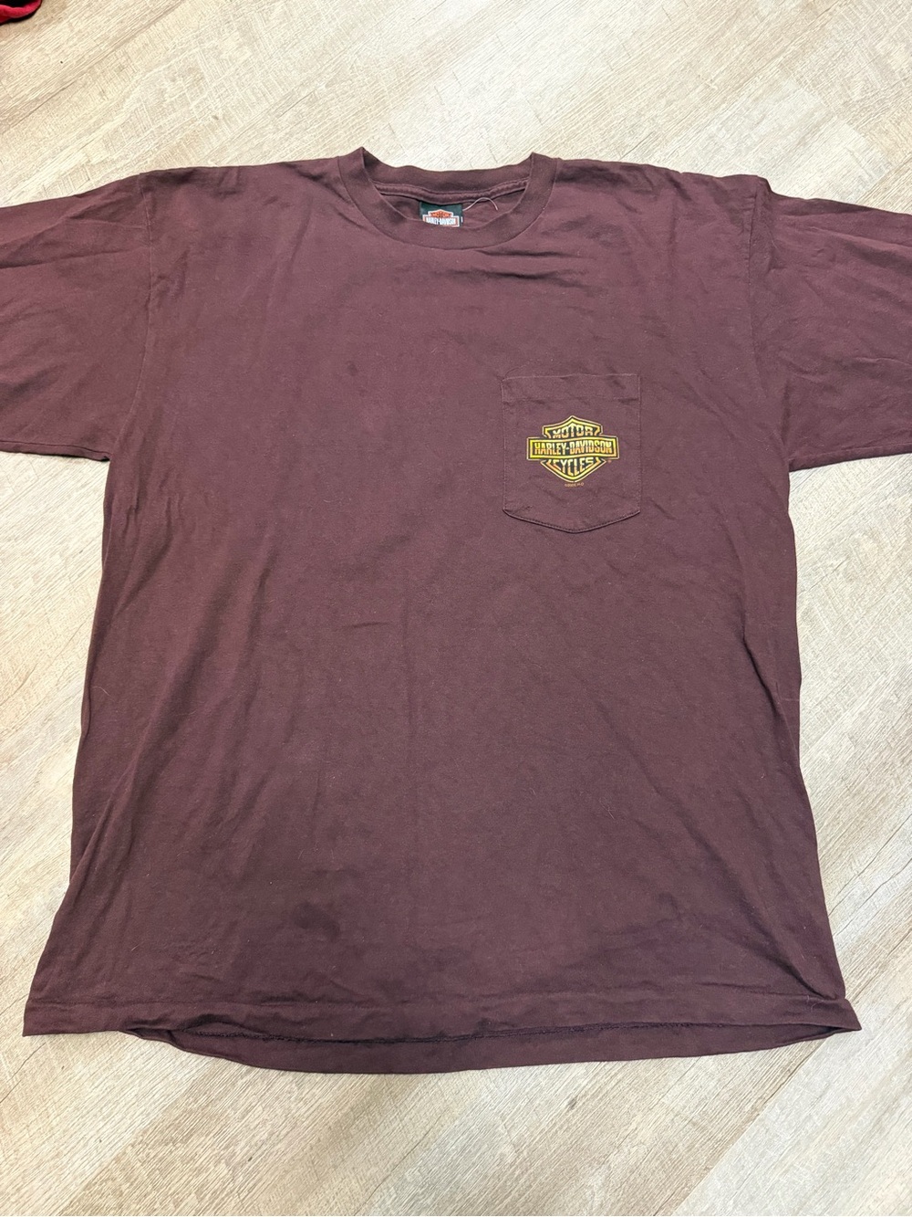Vintage Harley-Davidson Short Sleeve Pocket Tee in Deep Maroon with Yellow Logo